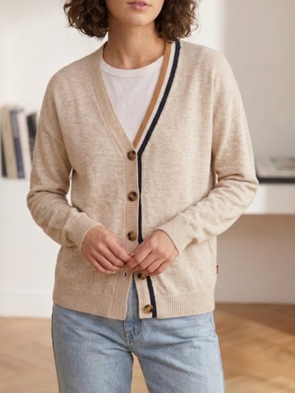 MINNIEROSE Cotton Cashmere Asymmetric Varsity Stripe Cardigan Sweater Size M NWT